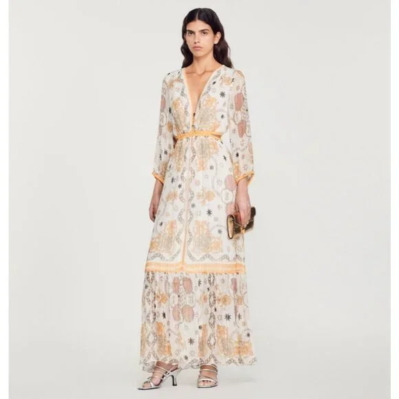 NWT Sandro Valldemossa Metallic Scarf Print Cutout Maxi Dress 36 - Picture 1 of 14